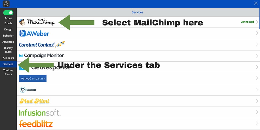 Screenshot 14 - linking mailchimp to sumome - select mailchimp under the services tab