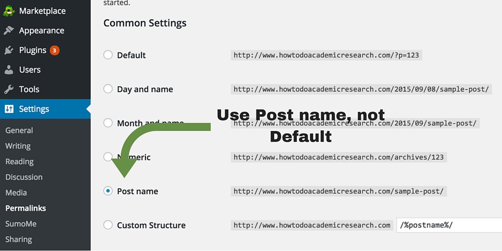Screenshot 2 - setting up WordPress general settings - post name