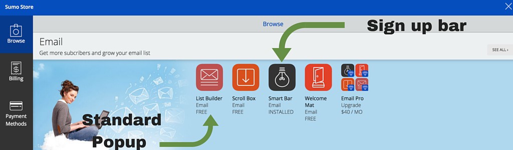 screenshot 12 - linking mailchimp to sumome - Popup and bar locations